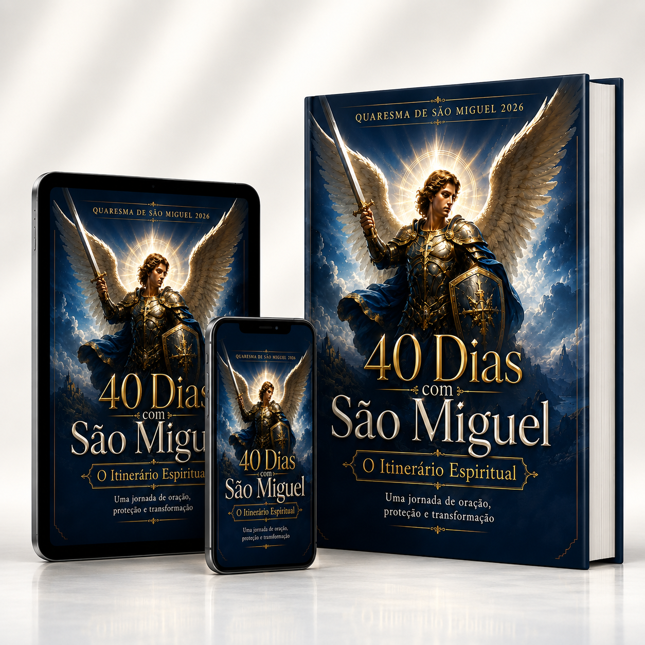 O itinerário aberto em um tablet, em um smartphone e na versão impressa